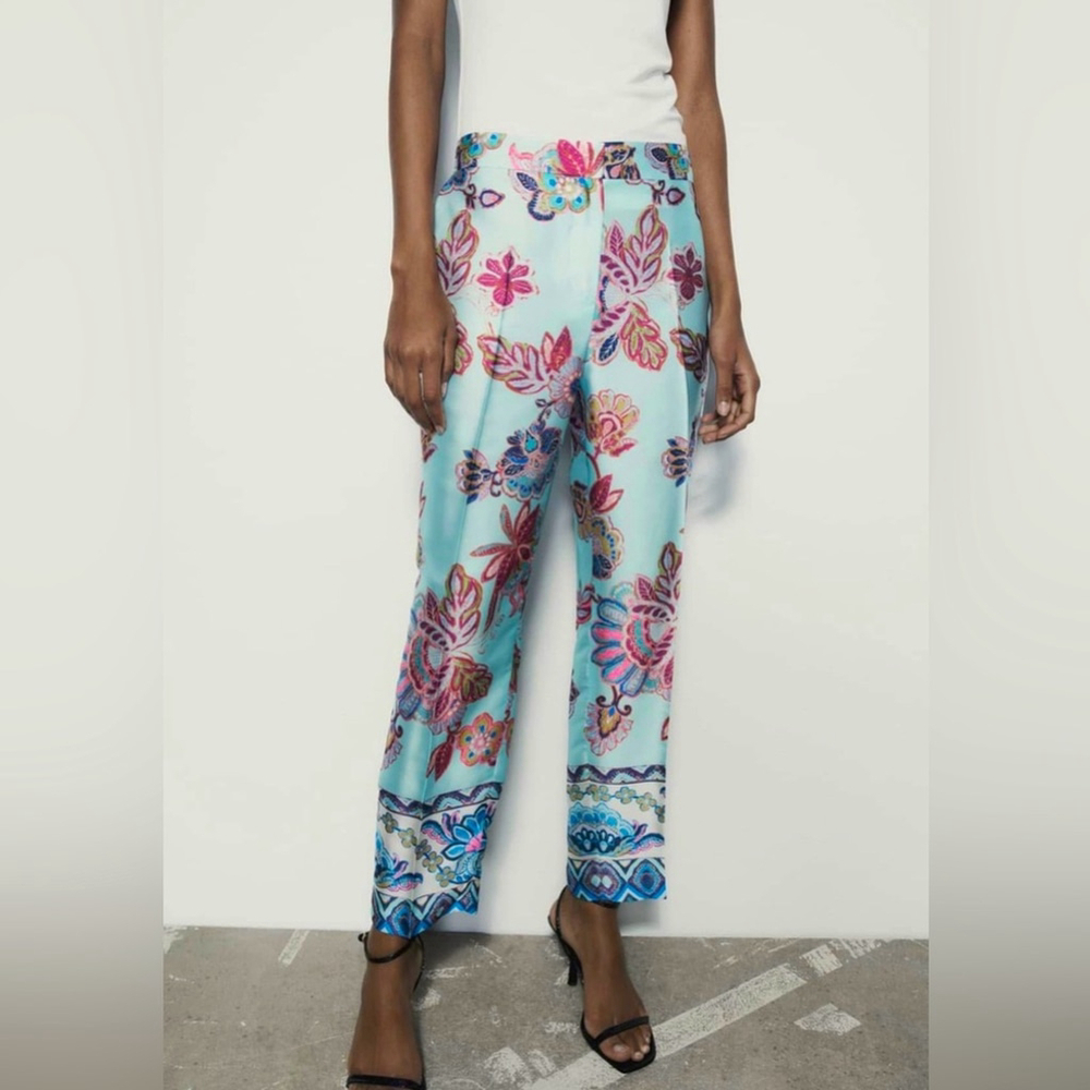ZARA Blue print cropped-leg trousers, Floral Print Women's Pants